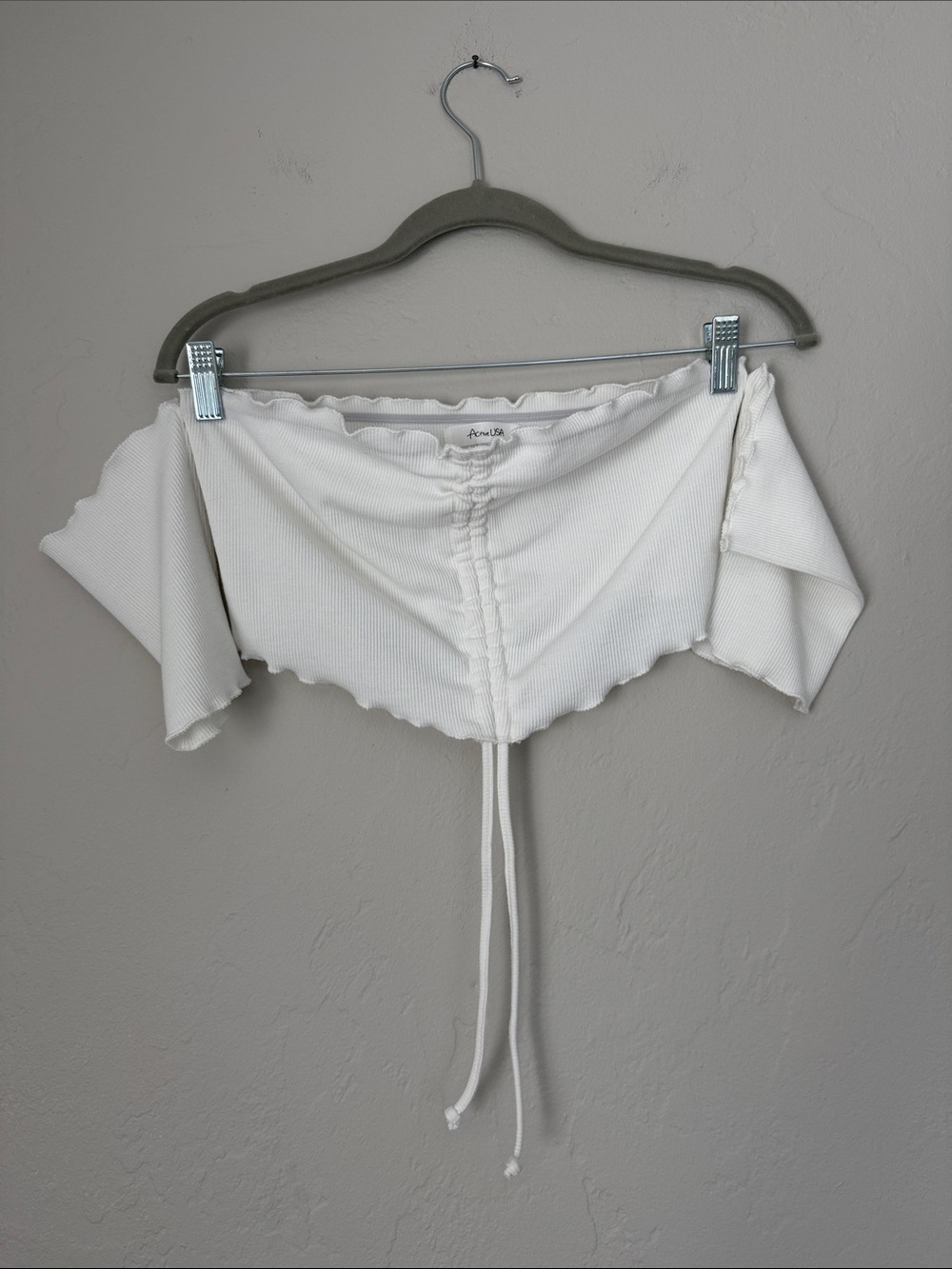 Active USA White Off-Shoulder Ruched Drawstring Crop Top